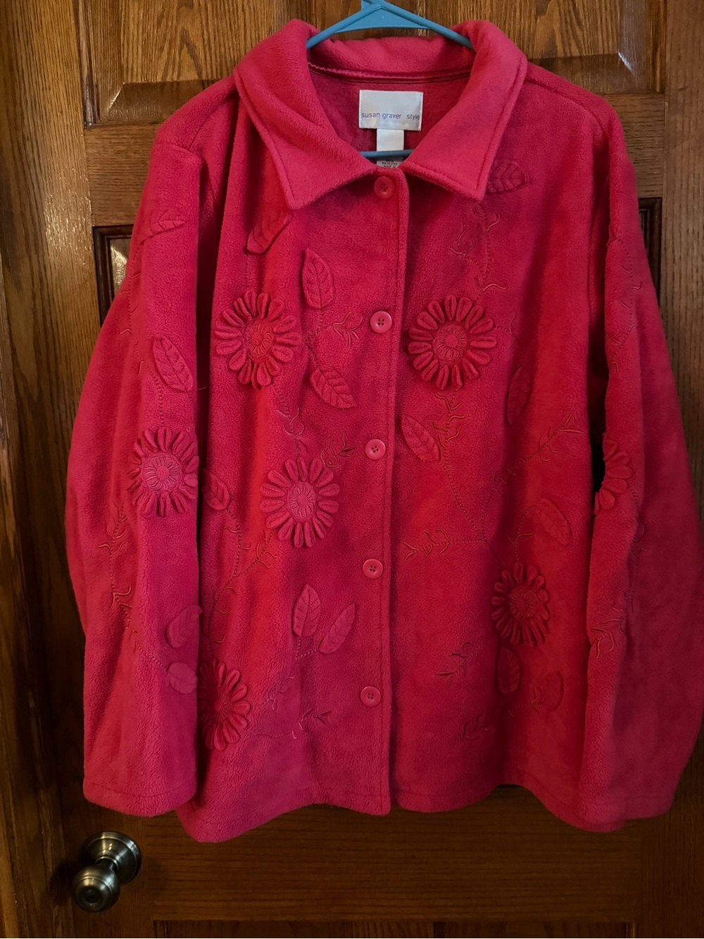 Susan Graver 1X Fleece Button Front Jacket Embroidered Vines Fleece Flowers